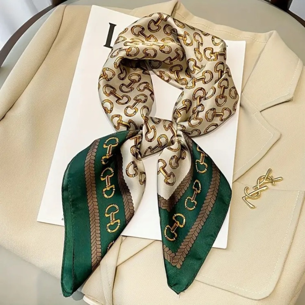 New Long Multipurpose Saddle Print Scarf Silk Like Green Cream Brown Stripe - Picture 3 of 13